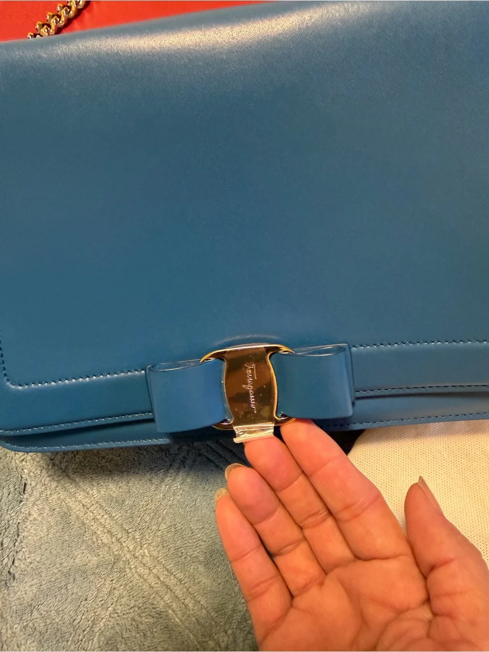 Salvatore Ferragamo Blue Leather Chain Shoulder Bag Complete